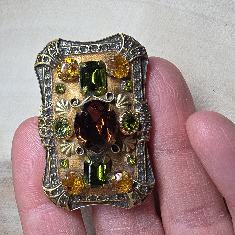 Michal Golan Rhinestone Ornate Gold Tone Brooch Pin Pendant Signed 80s Vintage